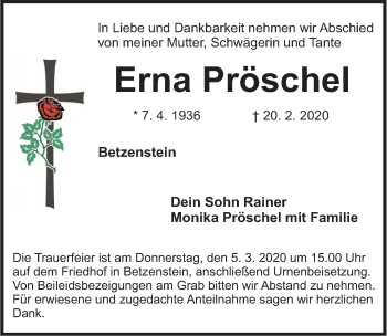 Traueranzeige von Erna Pröschel von Nordbayerische Nachrichten Pegnitz Lokal