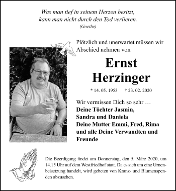 Traueranzeige von Ernst Herzinger von Gesamtausgabe Nürnberger Nachrichten/ Nürnberger Ztg.