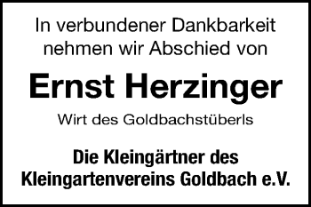 Traueranzeige von Ernst Herzinger von Gesamtausgabe Nürnberger Nachrichten/ Nürnberger Ztg.