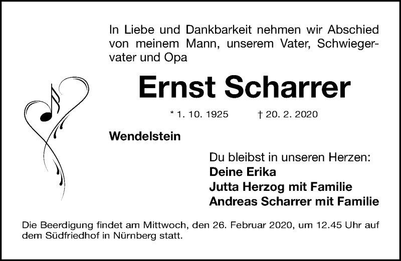 Traueranzeige für Ernst Scharrer vom 22.02.2020 aus Gesamtausgabe Nürnberger Nachrichten/ Nürnberger Ztg.
