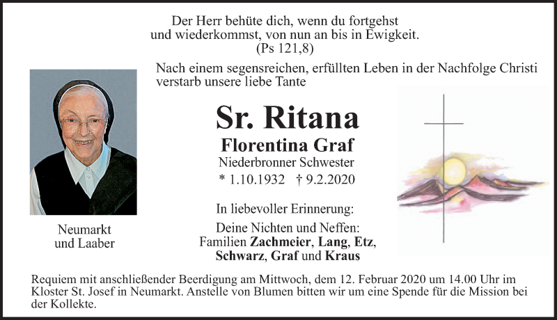  Traueranzeige für Florentina Graf vom 11.02.2020 aus Neumarkter Nachrichten Lokal