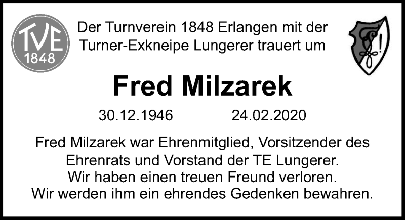 Traueranzeige für Fred Milzarek vom 27.02.2020 aus Erlanger Nachrichten Lokal