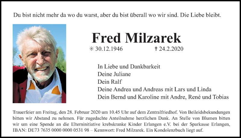  Traueranzeige für Fred Milzarek vom 26.02.2020 aus Erlanger Nachrichten Lokal