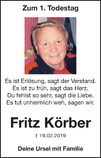 Traueranzeige von Fritz Körber von Gesamtausgabe Nürnberger Nachrichten/ Nürnberger Ztg.