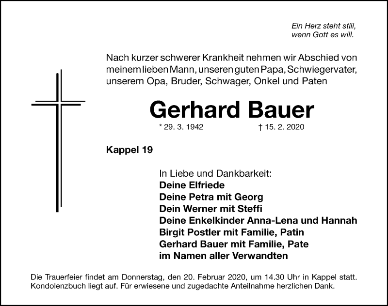 Traueranzeige für Gerhard Bauer vom 19.02.2020 aus Nordbayerische Nachrichten Forchheim Lokal