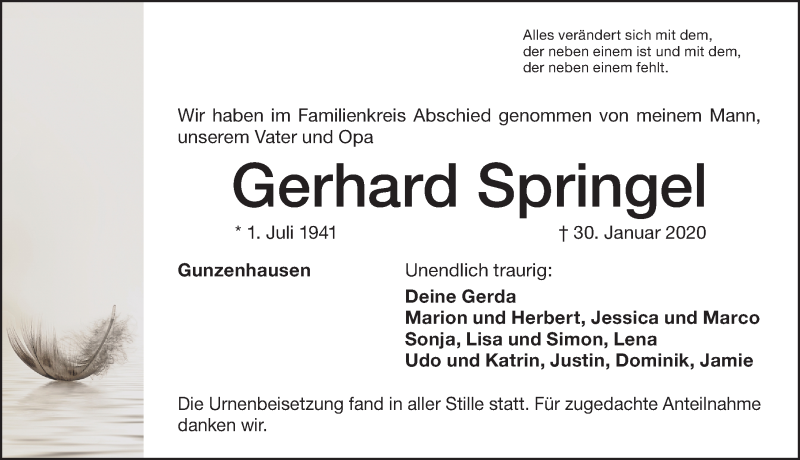  Traueranzeige für Gerhard Springel vom 15.02.2020 aus Altmühl-Bote Lokal