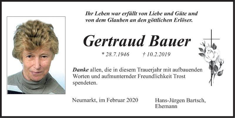  Traueranzeige für Gertraud Bauer vom 08.02.2020 aus Neumarkter Nachrichten Lokal