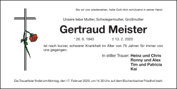Traueranzeige von Gertraud Meister von Erlanger Nachrichten Lokal