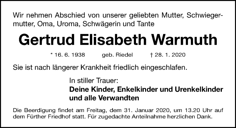  Traueranzeige für Gertrud Elisabeth Warmuth vom 30.01.2020 aus Fürther Nachrichten Lokal