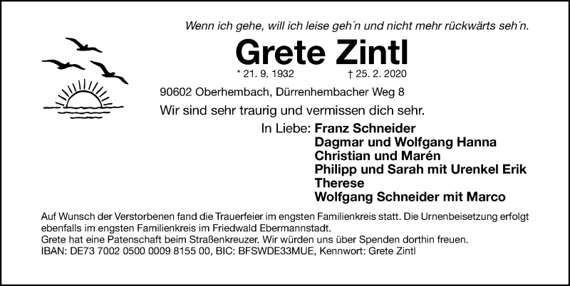  Traueranzeige für Grete Zintl vom 29.02.2020 aus Gesamtausgabe Nürnberger Nachrichten/ Nürnberger Ztg./ Neumarkter Nachrichten