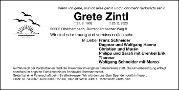 Traueranzeige von Grete Zintl von Gesamtausgabe Nürnberger Nachrichten/ Nürnberger Ztg./ Neumarkter Nachrichten
