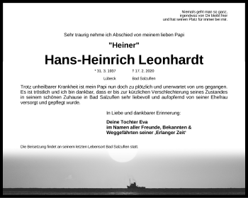 Traueranzeige von Hans-Heinrich Leonhardt von Erlanger Nachrichten Lokal