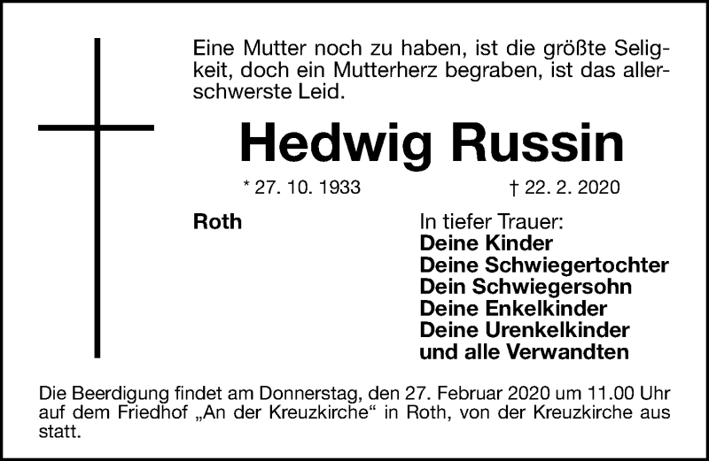  Traueranzeige für Hedwig Russin vom 25.02.2020 aus Roth-Hilpoltsteiner Volkszeitung Lokal
