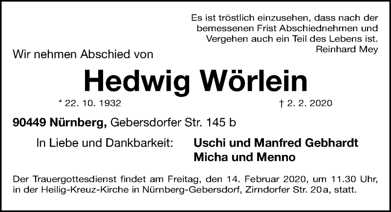  Traueranzeige für Hedwig Wörlein vom 08.02.2020 aus Gesamtausgabe Nürnberger Nachrichten/ Nürnberger Ztg.