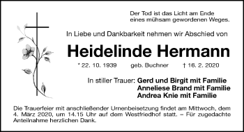 Traueranzeige von Heidelinde Hermann von Gesamtausgabe Nürnberger Nachrichten/ Nürnberger Ztg.