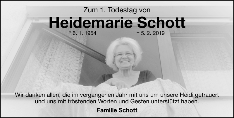  Traueranzeige für Heidemarie Schott vom 05.02.2020 aus Gesamtausgabe Nürnberger Nachrichten/ Nürnberger Ztg.