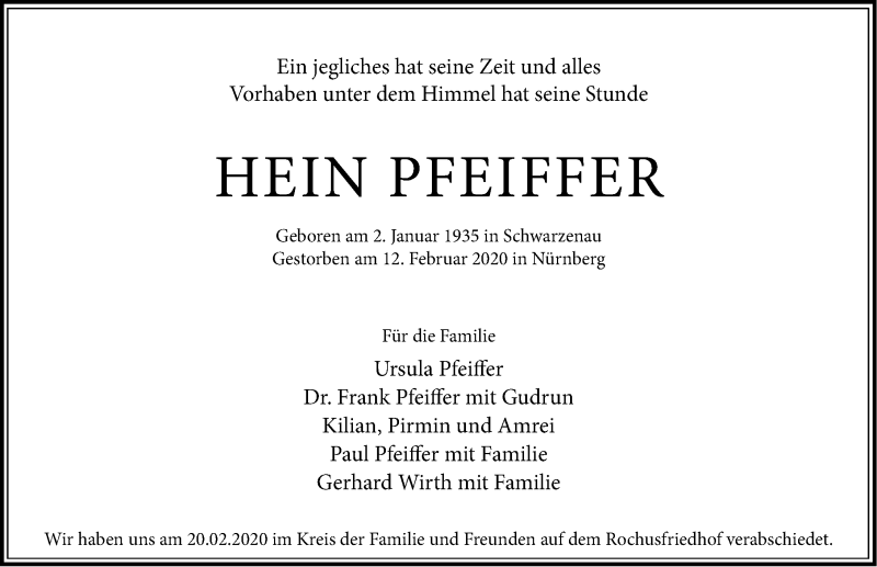  Traueranzeige für Hein Pfeiffer vom 22.02.2020 aus Gesamtausgabe Nürnberger Nachrichten/ Nürnberger Ztg.