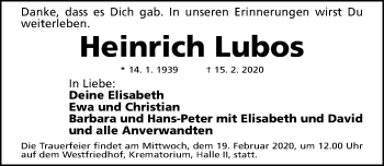 Traueranzeige von Heinrich Lubos von Gesamtausgabe Nürnberger Nachrichten/ Nürnberger Ztg.