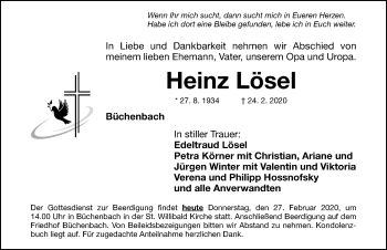 Traueranzeige von Heinz Lösel von Roth-Hilpoltsteiner Volkszeitung Lokal