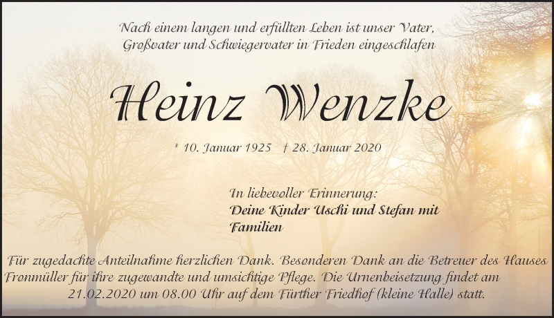  Traueranzeige für Heinz Wenzke vom 19.02.2020 aus Fürther Nachrichten Lokal