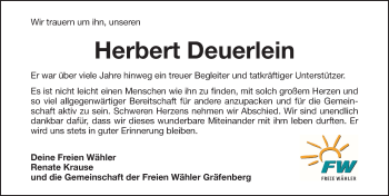 Traueranzeige von Herbert Deuerlein von Nordbayerische Nachrichten Forchheim Lokal