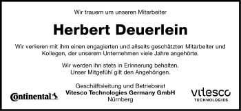Traueranzeige von Herbert Deuerlein von Gesamtausgabe Nürnberger Nachrichten/ Nürnberger Ztg.