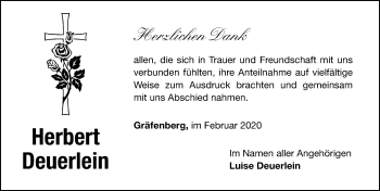 Traueranzeige von Herbert Deuerlein von Nordbayerische Nachrichten Forchheim Lokal