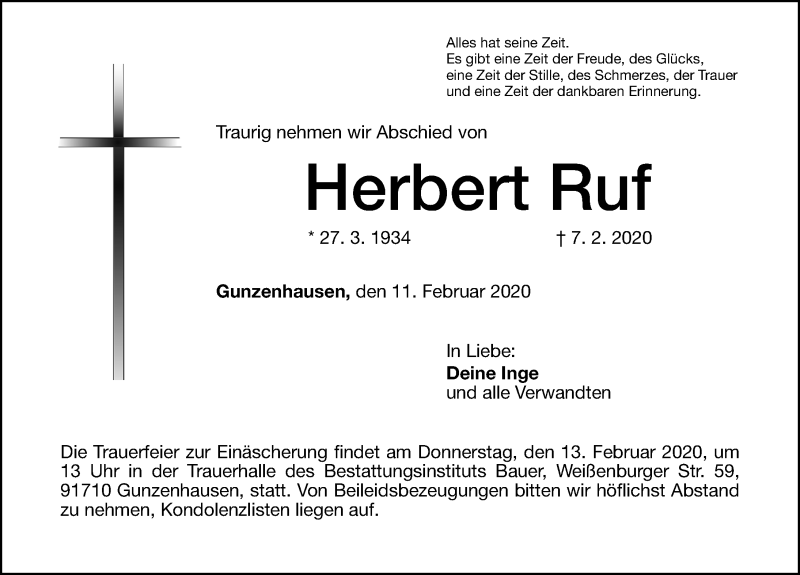  Traueranzeige für Herbert Ruf vom 11.02.2020 aus Altmühl-Bote Lokal