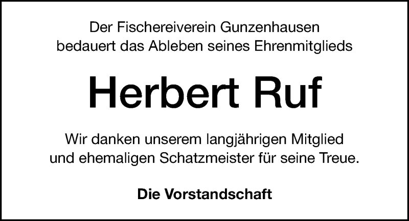  Traueranzeige für Herbert Ruf vom 13.02.2020 aus Altmühl-Bote Lokal