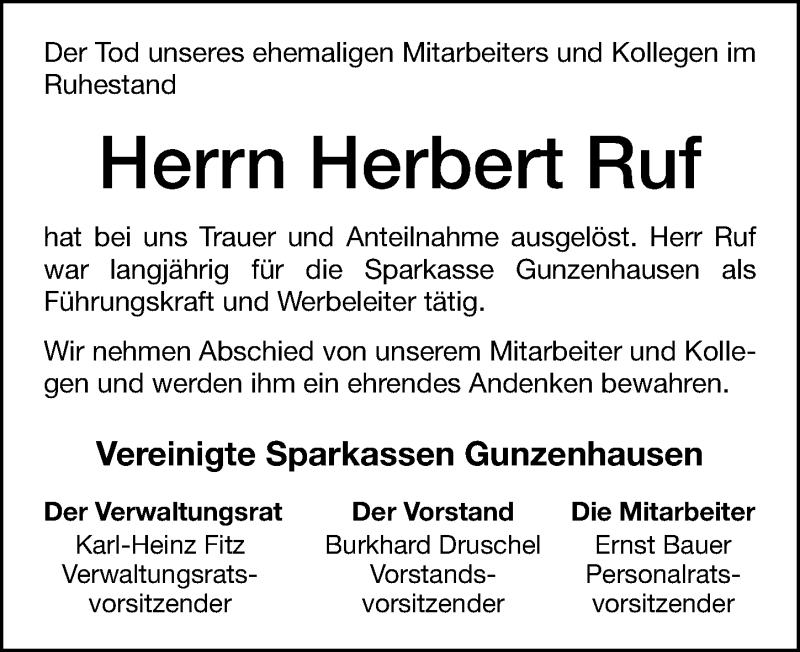  Traueranzeige für Herbert Ruf vom 12.02.2020 aus Altmühl-Bote Lokal