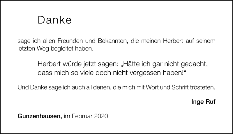  Traueranzeige für Herbert Ruf vom 22.02.2020 aus Altmühl-Bote Lokal