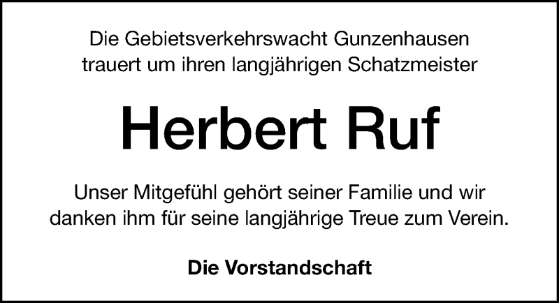  Traueranzeige für Herbert Ruf vom 13.02.2020 aus Altmühl-Bote Lokal