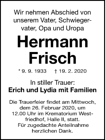 Traueranzeige von Hermann Frisch von Gesamtausgabe Nürnberger Nachrichten/ Nürnberger Ztg.