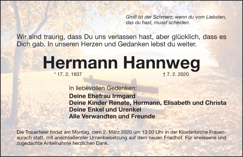  Traueranzeige für Hermann Hannweg vom 26.02.2020 aus Erlanger Nachrichten Lokal