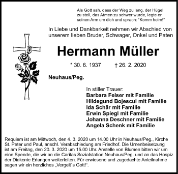 Traueranzeige von Hermann Müller von Nordbayerische Nachrichten Pegnitz Lokal