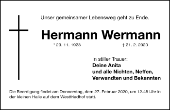 Traueranzeige von Hermann Wermann von Gesamtausgabe Nürnberger Nachrichten/ Nürnberger Ztg.