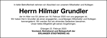 Traueranzeige von Hilmar Grundler von Erlanger Nachrichten Lokal