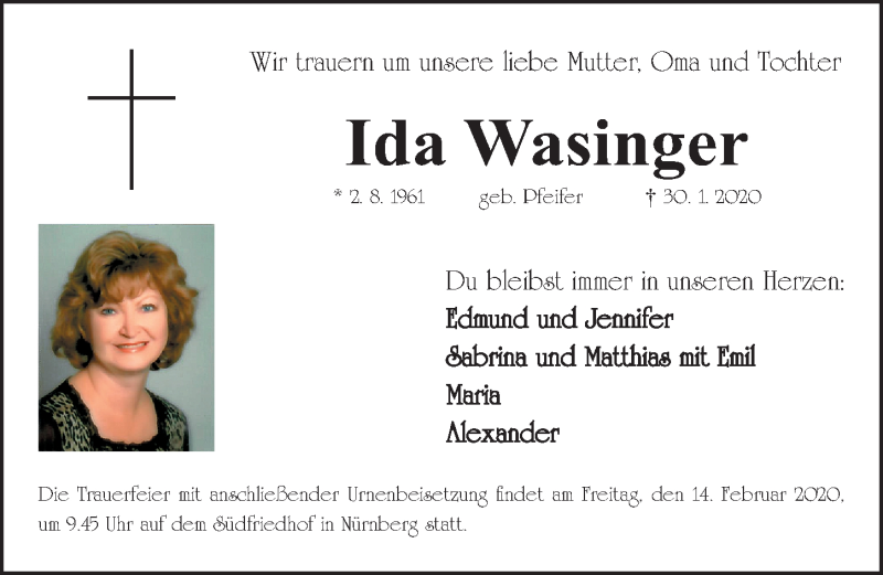  Traueranzeige für Ida Wasinger vom 12.02.2020 aus Gesamtausgabe Nürnberger Nachrichten/ Nürnberger Ztg.