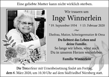 Traueranzeige von Inge Winnerlein von Gesamtausgabe Nürnberger Nachrichten/ Nürnberger Ztg.