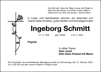 Traueranzeige von Ingeborg Schmitt von Nordbayerische Nachrichten Pegnitz Lokal