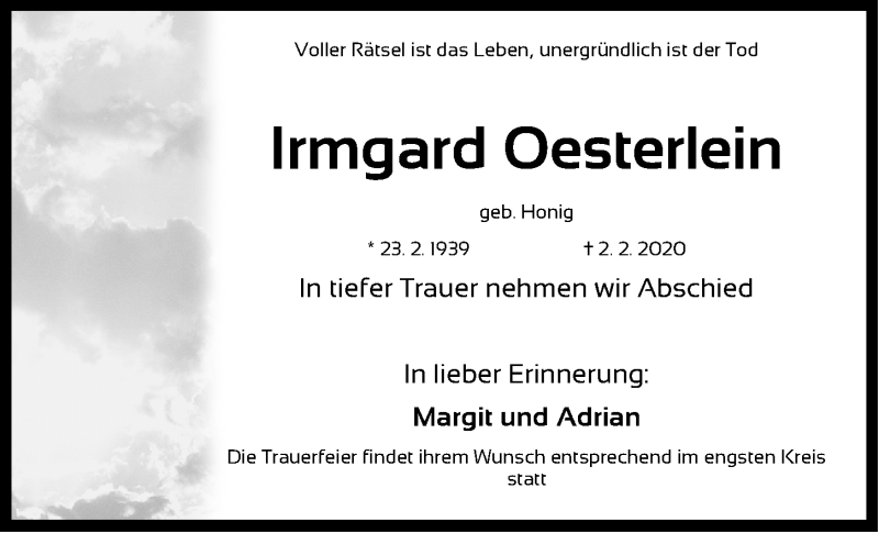  Traueranzeige für Irmgard Oesterlein vom 29.02.2020 aus Gesamtausgabe Nürnberger Nachrichten/ Nürnberger Ztg.