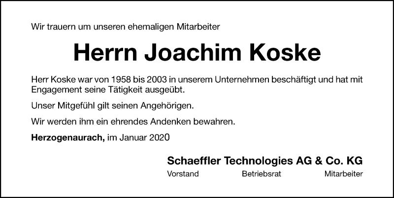  Traueranzeige für Joachim Koske vom 31.01.2020 aus Nordbayerische Nachrichten Herzogenaurach Lokal