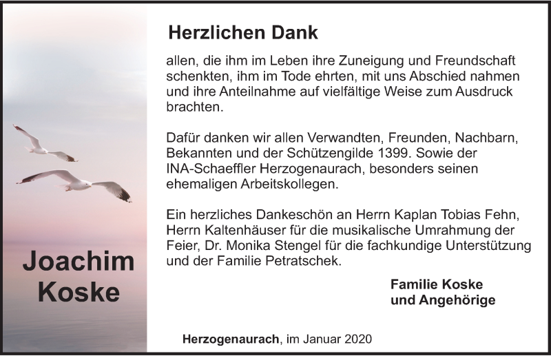  Traueranzeige für Joachim Koske vom 04.02.2020 aus Nordbayerische Nachrichten Herzogenaurach Lokal