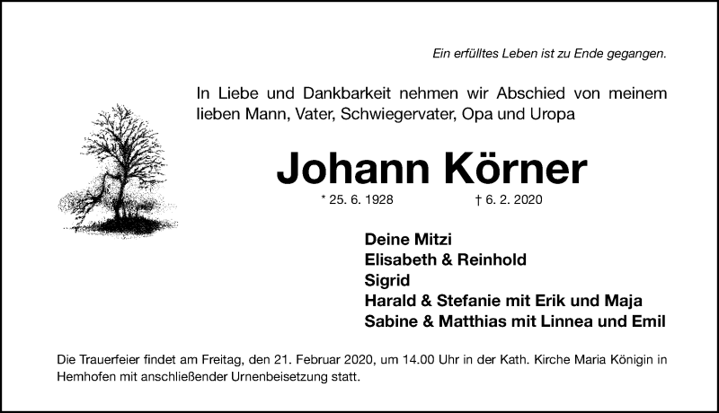  Traueranzeige für Johann Körner vom 19.02.2020 aus Nordbayerische Nachrichten Herzogenaurach Lokal