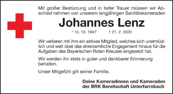 Traueranzeige von Johannes Lenz von Fürther Nachrichten Lokal