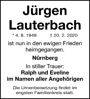 Traueranzeige von Jürgen Lauterbach von Gesamtausgabe Nürnberger Nachrichten/ Nürnberger Ztg.