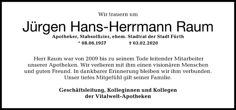  Traueranzeige für Jürgen Hans-Herrmann Raum vom 15.02.2020 aus Fürther Nachrichten Lokal