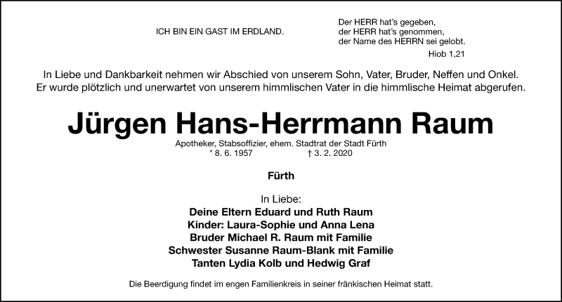  Traueranzeige für Jürgen Hans-Herrmann Raum vom 08.02.2020 aus Fürther Nachrichten Lokal