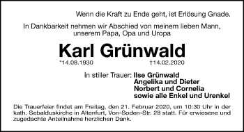 Traueranzeige von Karl Grünwald von Gesamtausgabe Nürnberger Nachrichten/ Nürnberger Ztg.