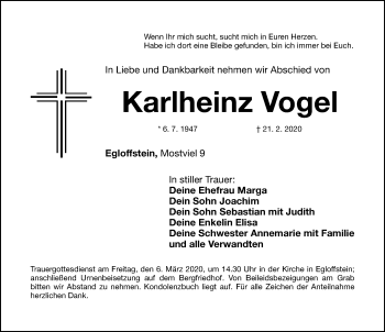 Traueranzeige von Karlheinz Vogel von Nordbayerische Nachrichten Forchheim Lokal